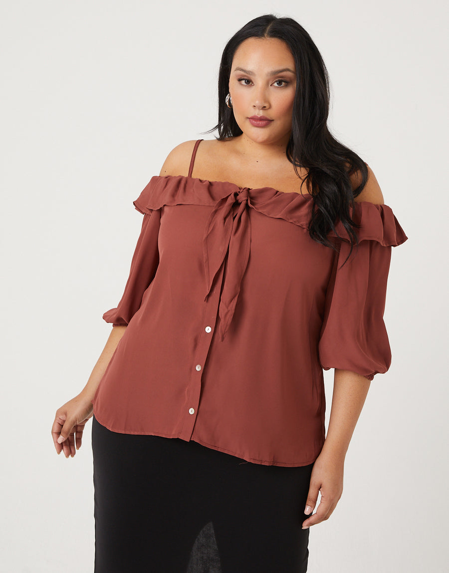 Curve Ruffled Cold Shoulder Top Plus Size Tops Brown 1XL -2020AVE