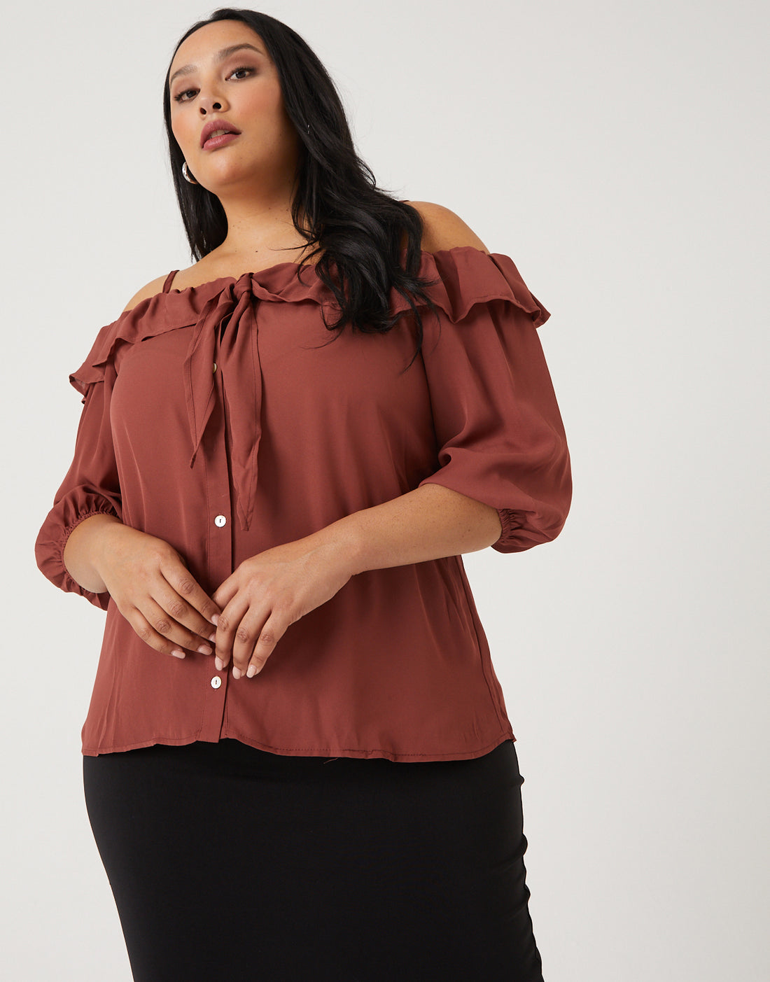 Curve Ruffled Cold Shoulder Top Plus Size Tops -2020AVE
