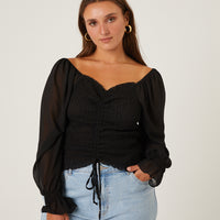 Curve Center Ruched Chiffon Top Plus Size Tops Black 1XL -2020AVE