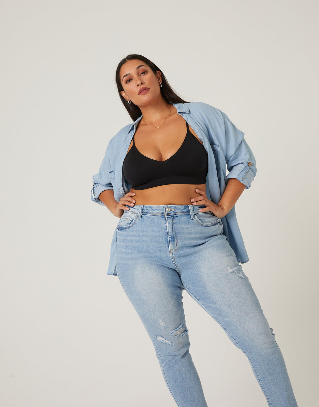 Curve Chambray Denim Shirt Plus Size Tops -2020AVE