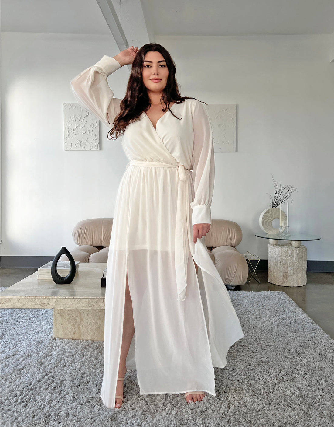 Curve Chiffon Long Sleeve Maxi Dress Plus Size Dresses Cream 1XL -2020AVE