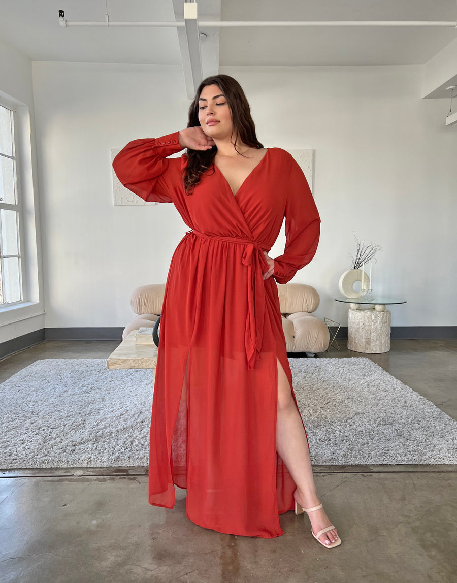 Curve Chiffon Long Sleeve Maxi Dress Plus Size Dresses Rust 1XL -2020AVE