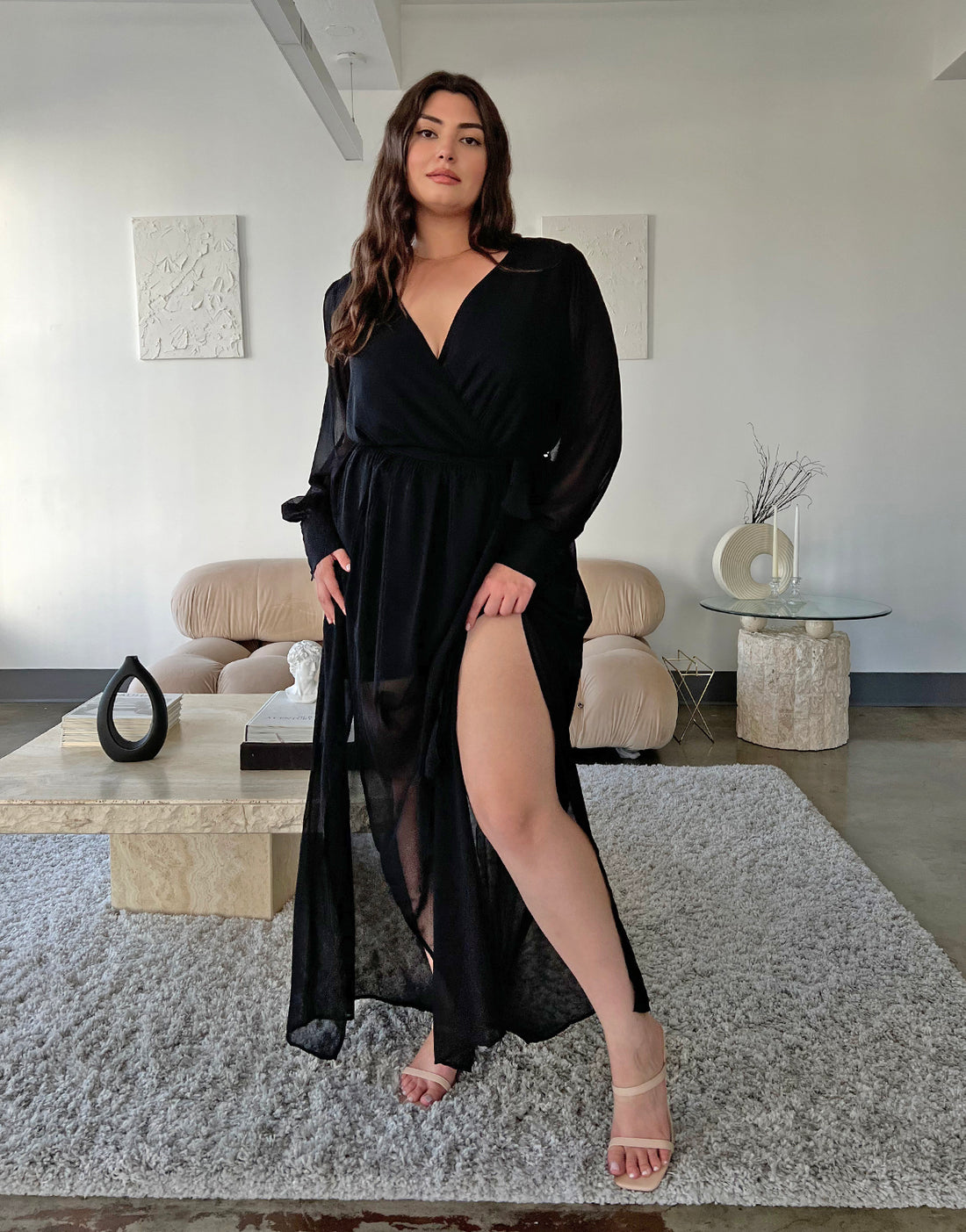 Curve Chiffon Long Sleeve Maxi Dress Plus Size Dresses Black 1XL -2020AVE