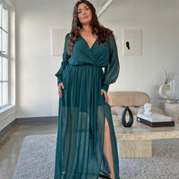 Curve Chiffon Long Sleeve Maxi Dress Plus Size Dresses Emerald 1XL -2020AVE