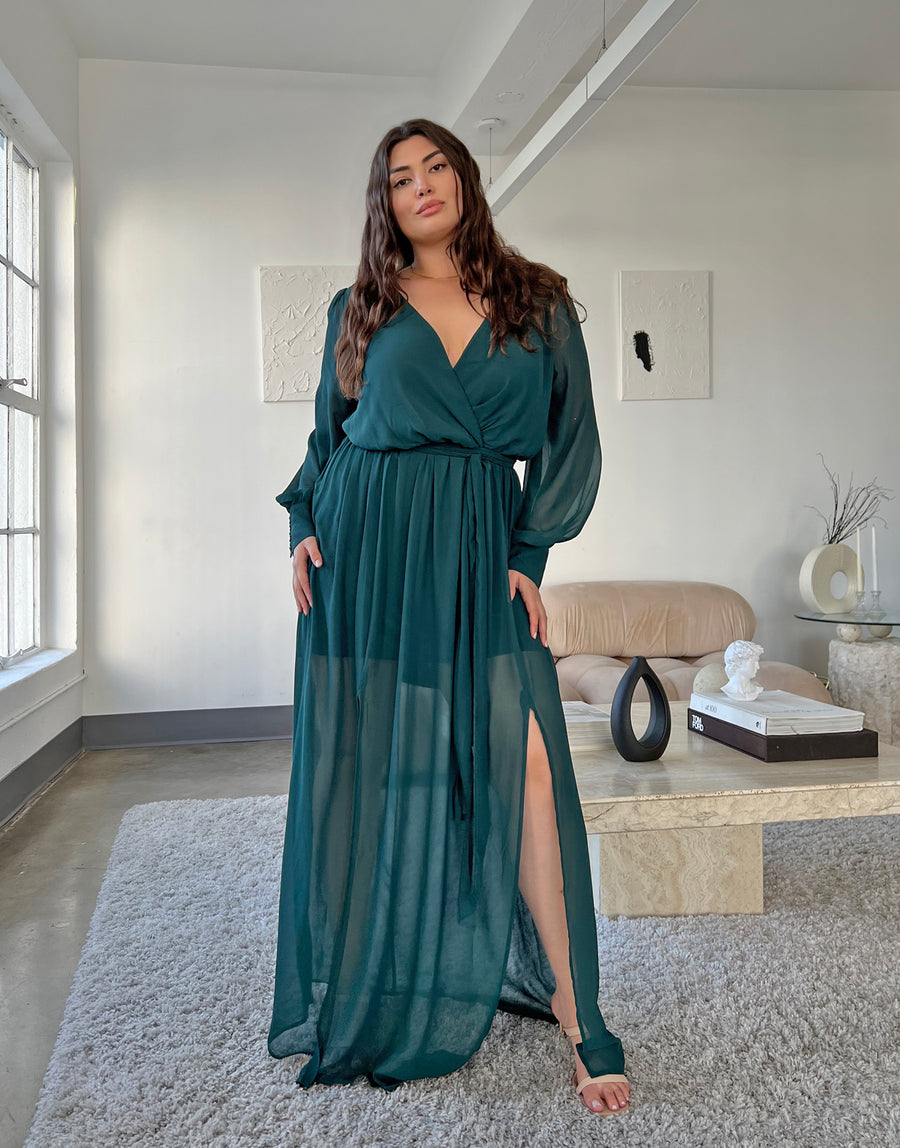 Curve Chiffon Long Sleeve Maxi Dress Plus Size Dresses Emerald 1XL -2020AVE