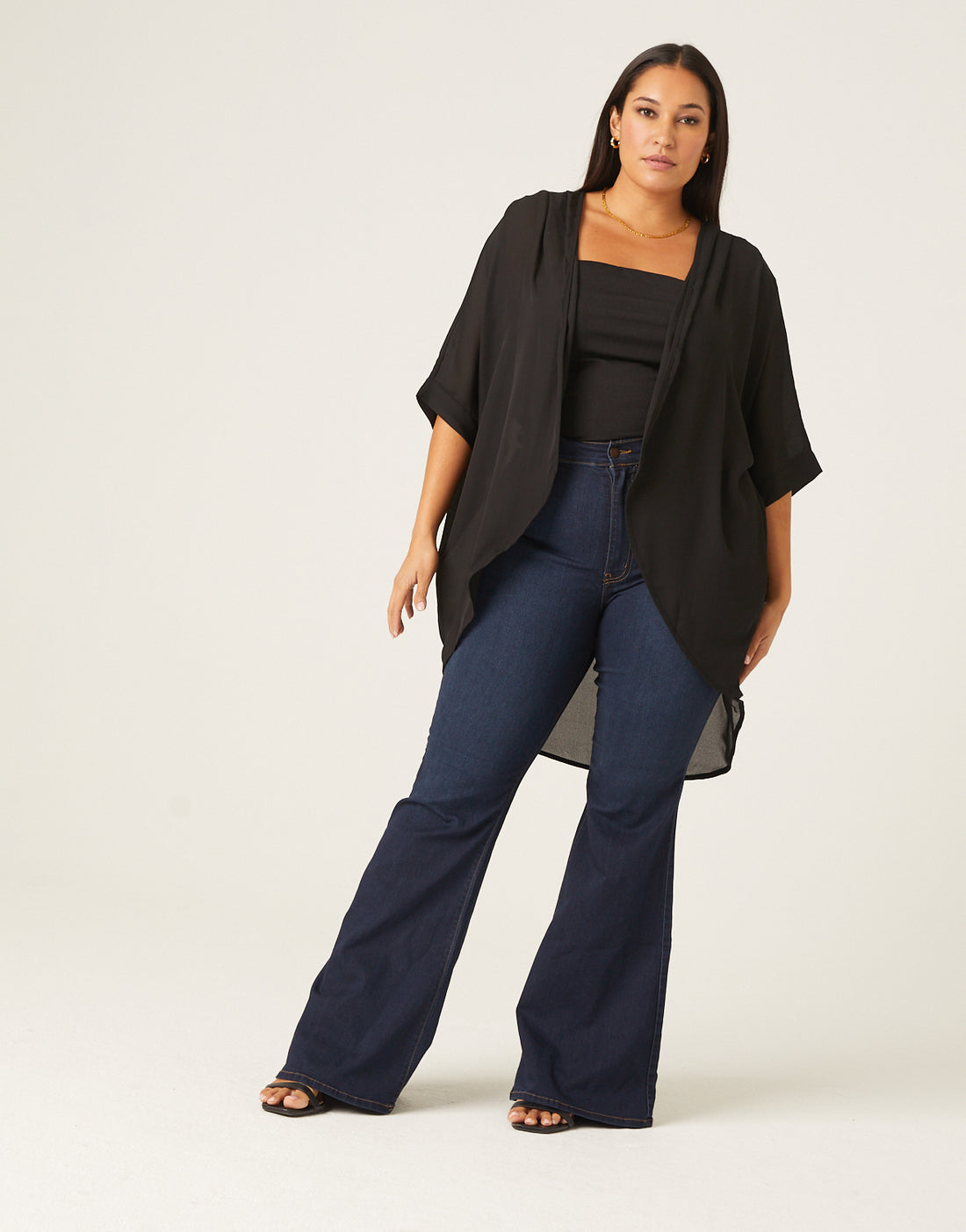 Curve Chiffon Open Front Cardigan Plus Size Outerwear Black 1XL -2020AVE