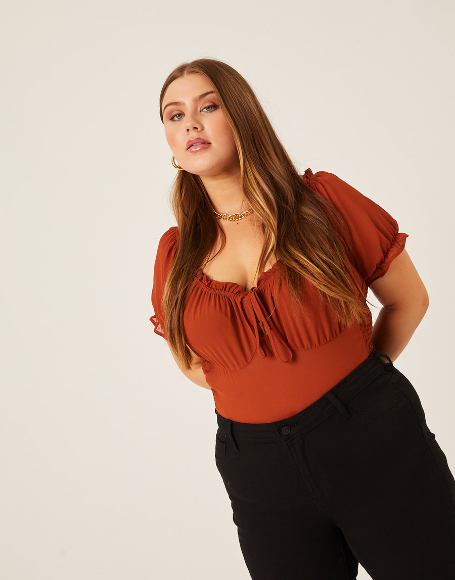 Curve Chiffon Smocked Back Blouse Plus Size Tops Rust 1XL -2020AVE
