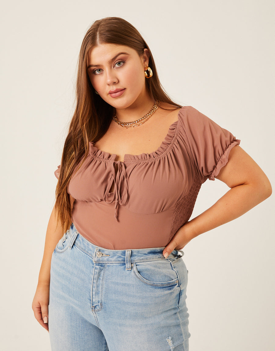 Curve Chiffon Smocked Back Blouse Plus Size Tops Brown 1XL -2020AVE