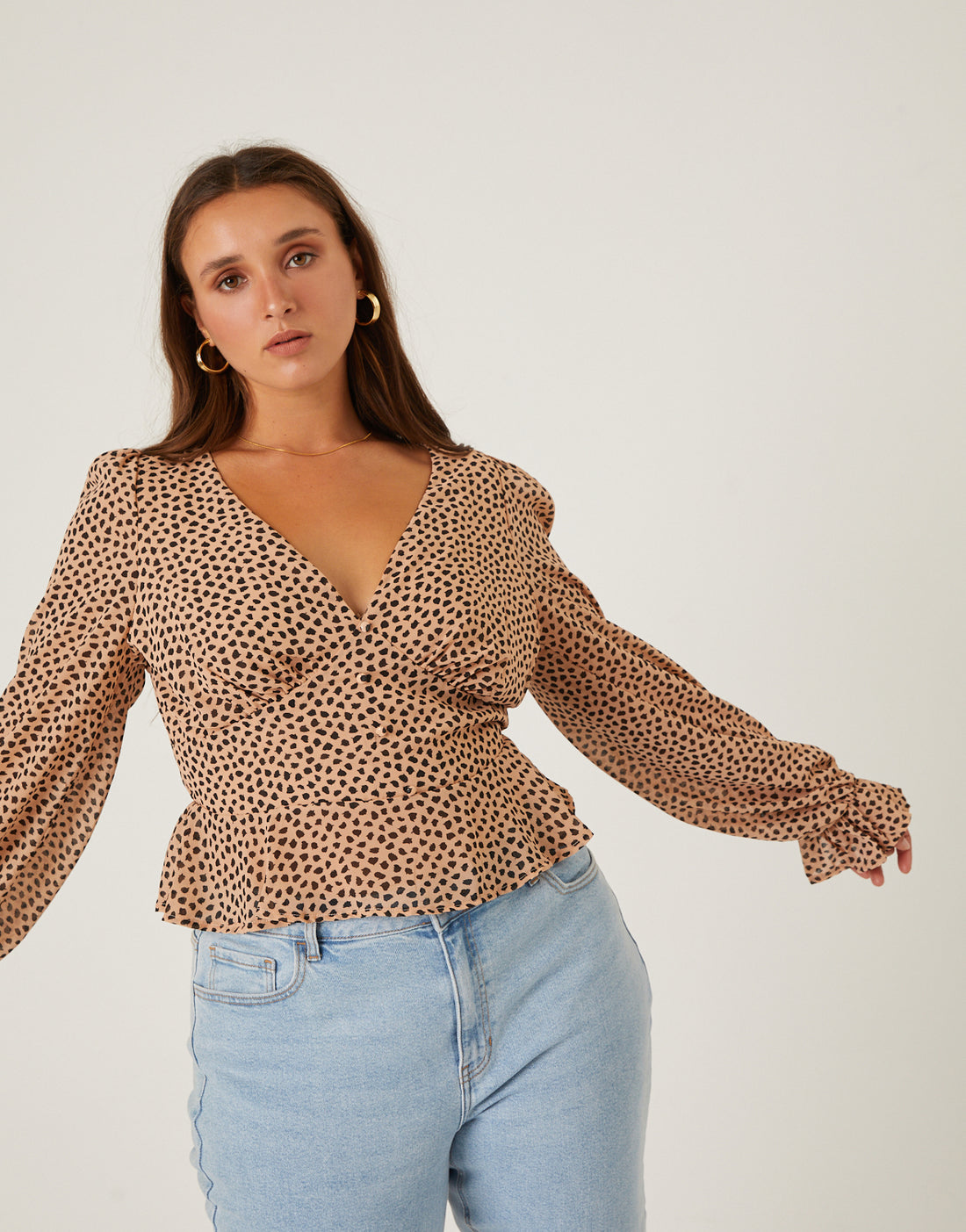 Curve Chiffon Spotted Long Sleeve Blouse Plus Size Tops Taupe 1XL -2020AVE