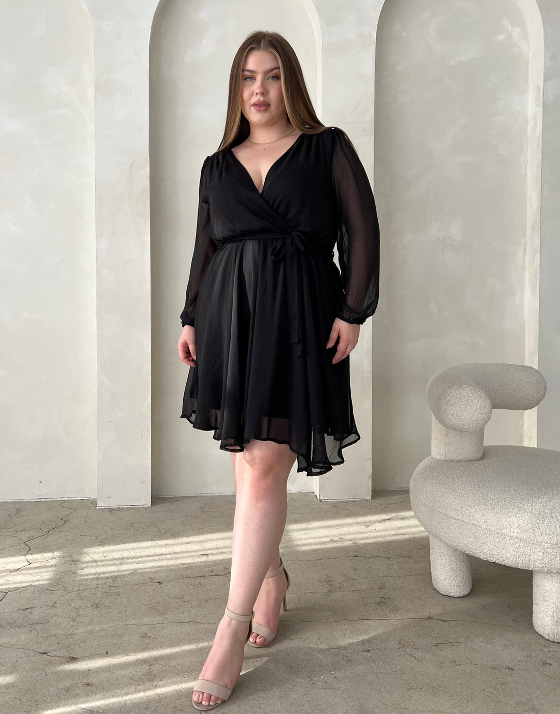 Curve Chiffon Surpliced Long Sleeve Dress Plus Size Dresses Black 1XL -2020AVE