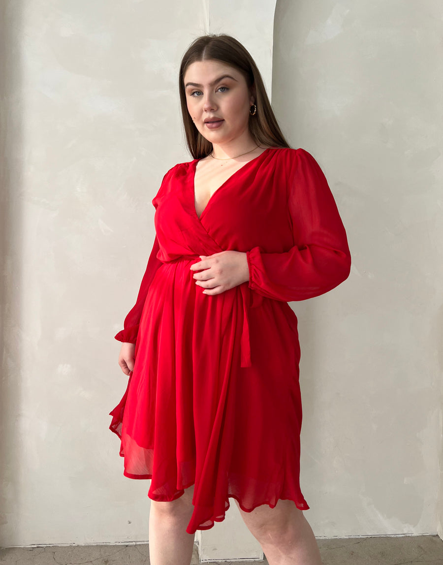 Curve Chiffon Surpliced Long Sleeve Dress Plus Size Dresses Red 1XL -2020AVE