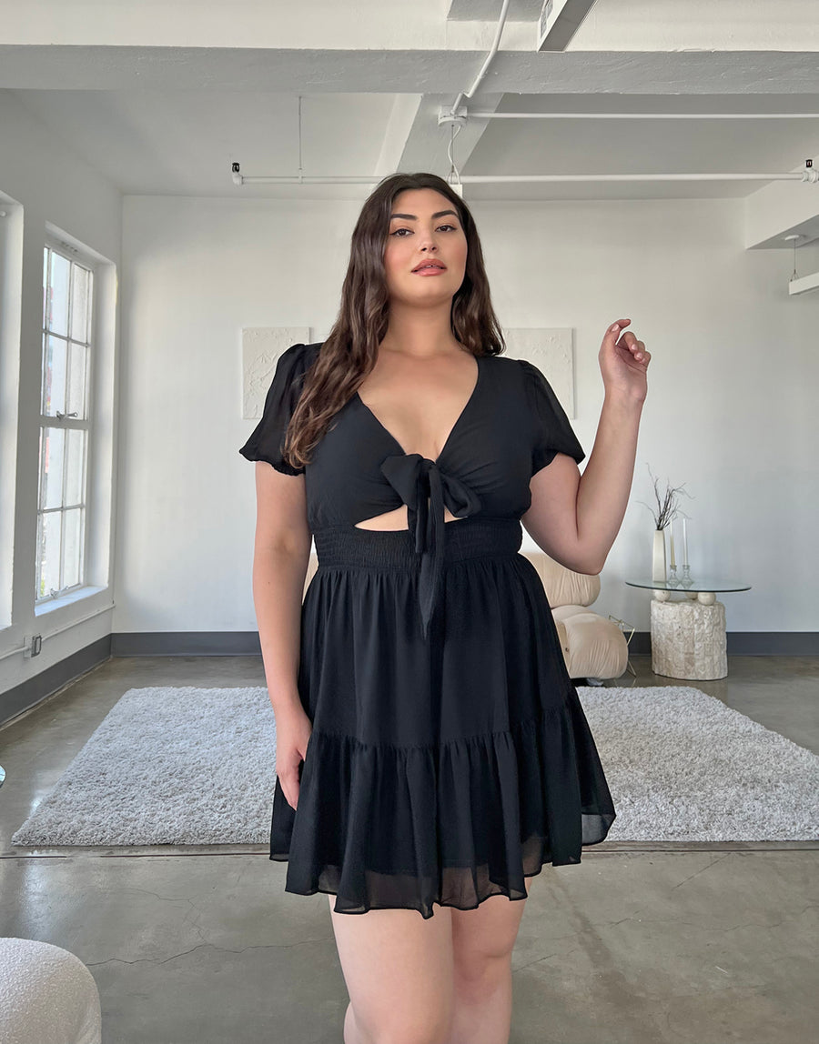 Curve Chiffon Tie Front Dress Plus Size Dresses Black 1XL -2020AVE