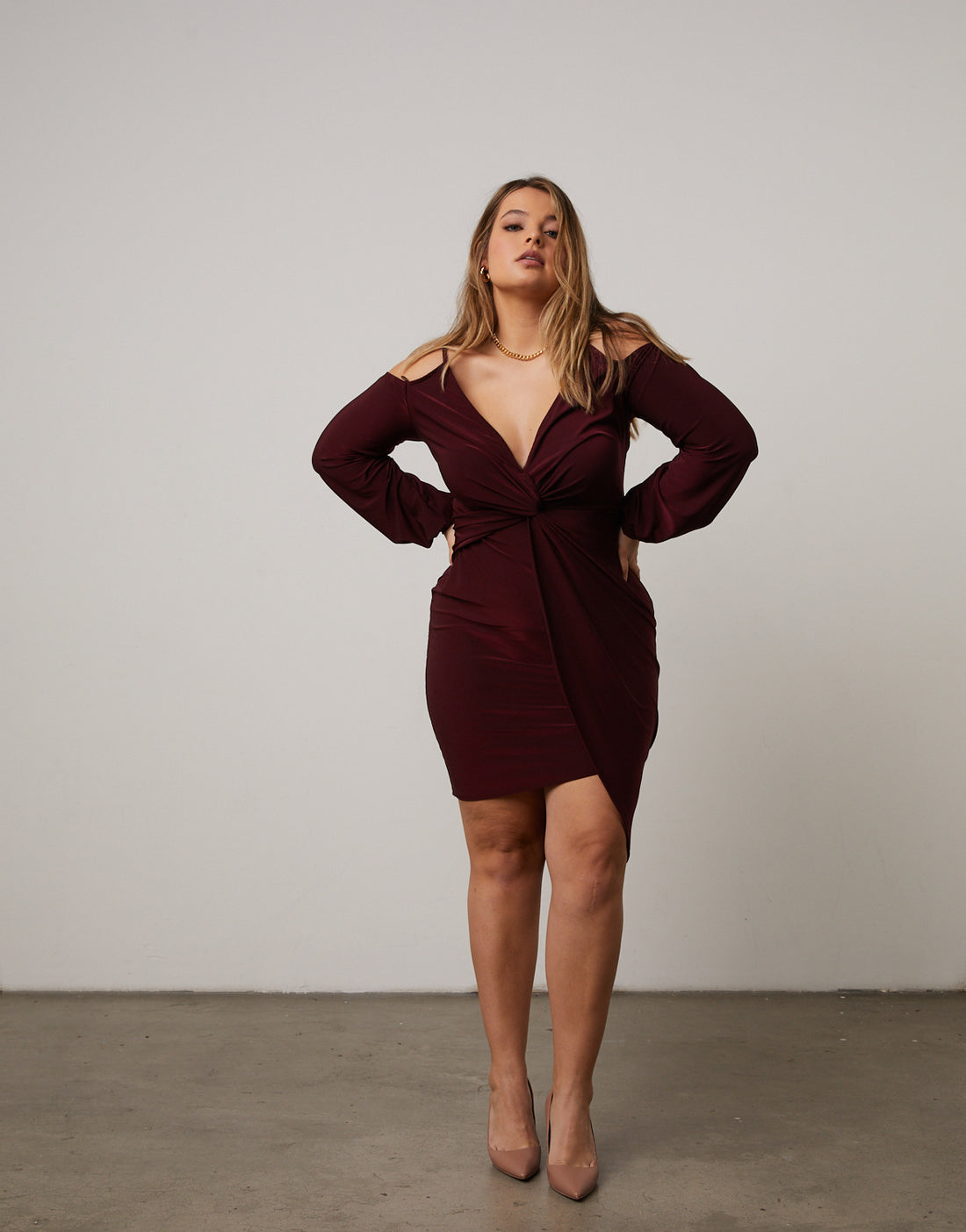 Curve Cold Shoulder Twist Dress Plus Size Dresses Burgundy 1XL -2020AVE