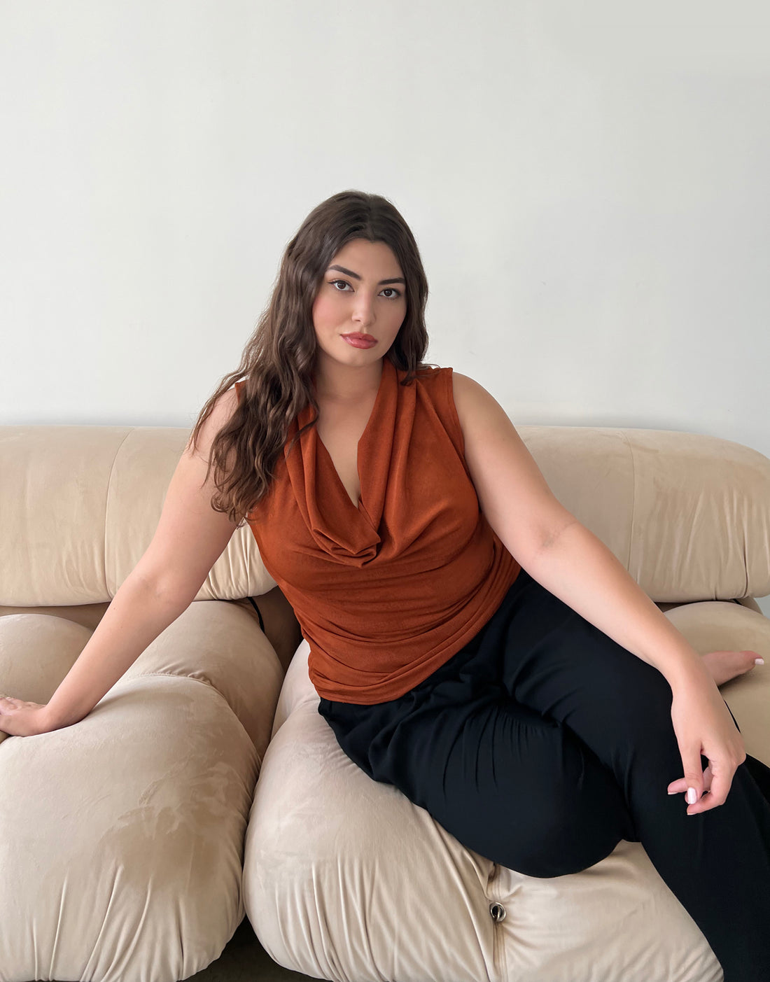 Curve Cowl Neck Shimmer Tank Plus Size Tops Rust 1XL -2020AVE