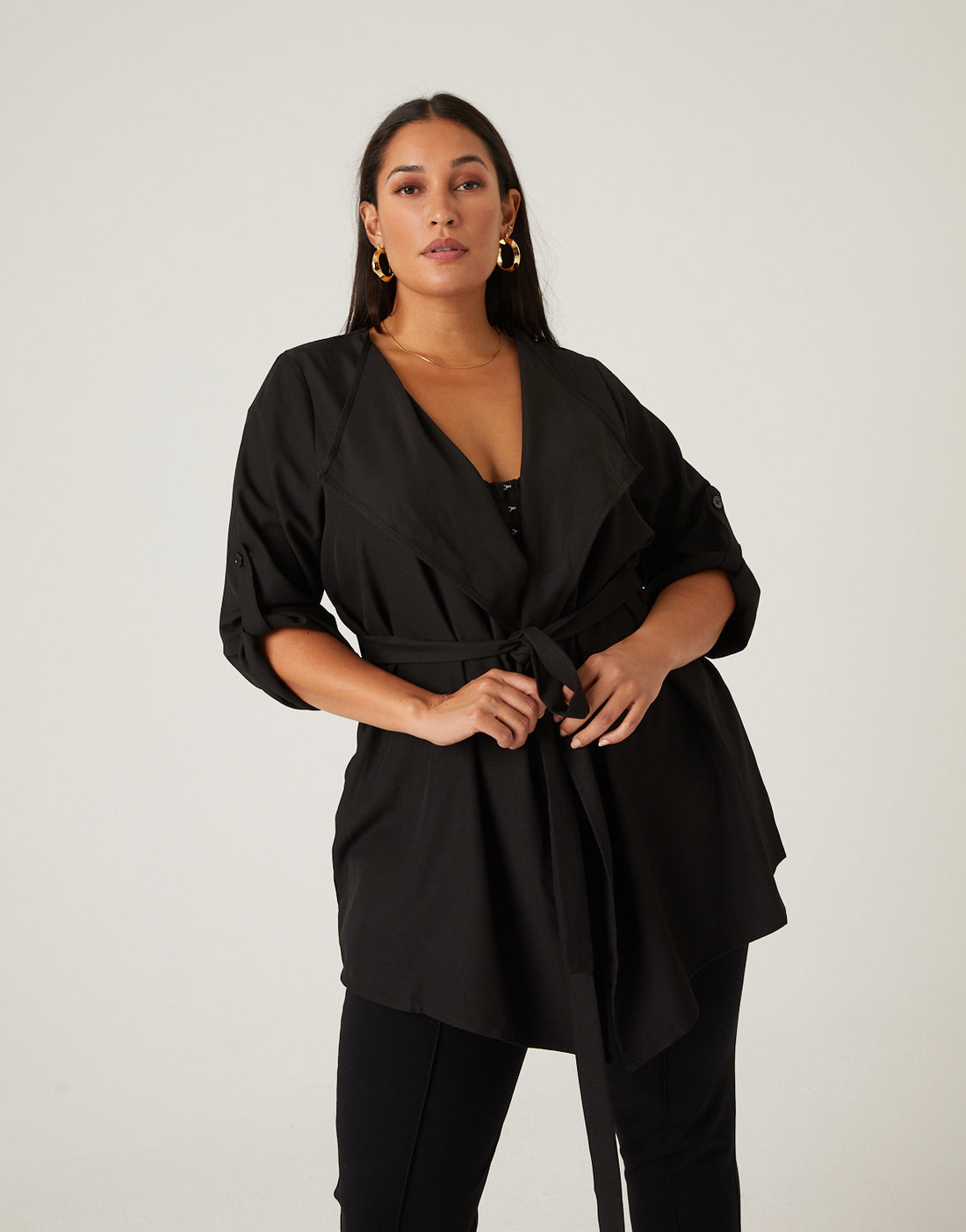 Curve Crepe Tied Cardigan Plus Size Outerwear -2020AVE