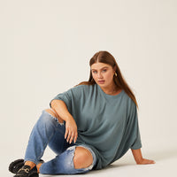Curve Crewneck Oversized Knit Tee Plus Size Tops Turquoise 1XL/2XL -2020AVE