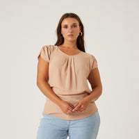Curve Crinkle Cap Sleeve Blouse Plus Size Tops Taupe 1XL -2020AVE