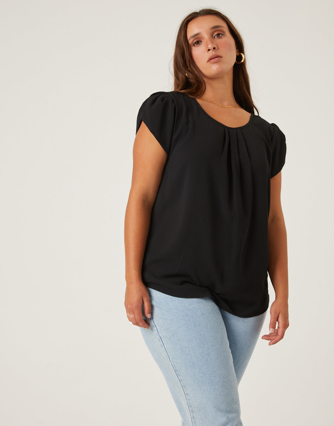 Curve Crinkle Cap Sleeve Blouse Plus Size Tops Black 1XL -2020AVE
