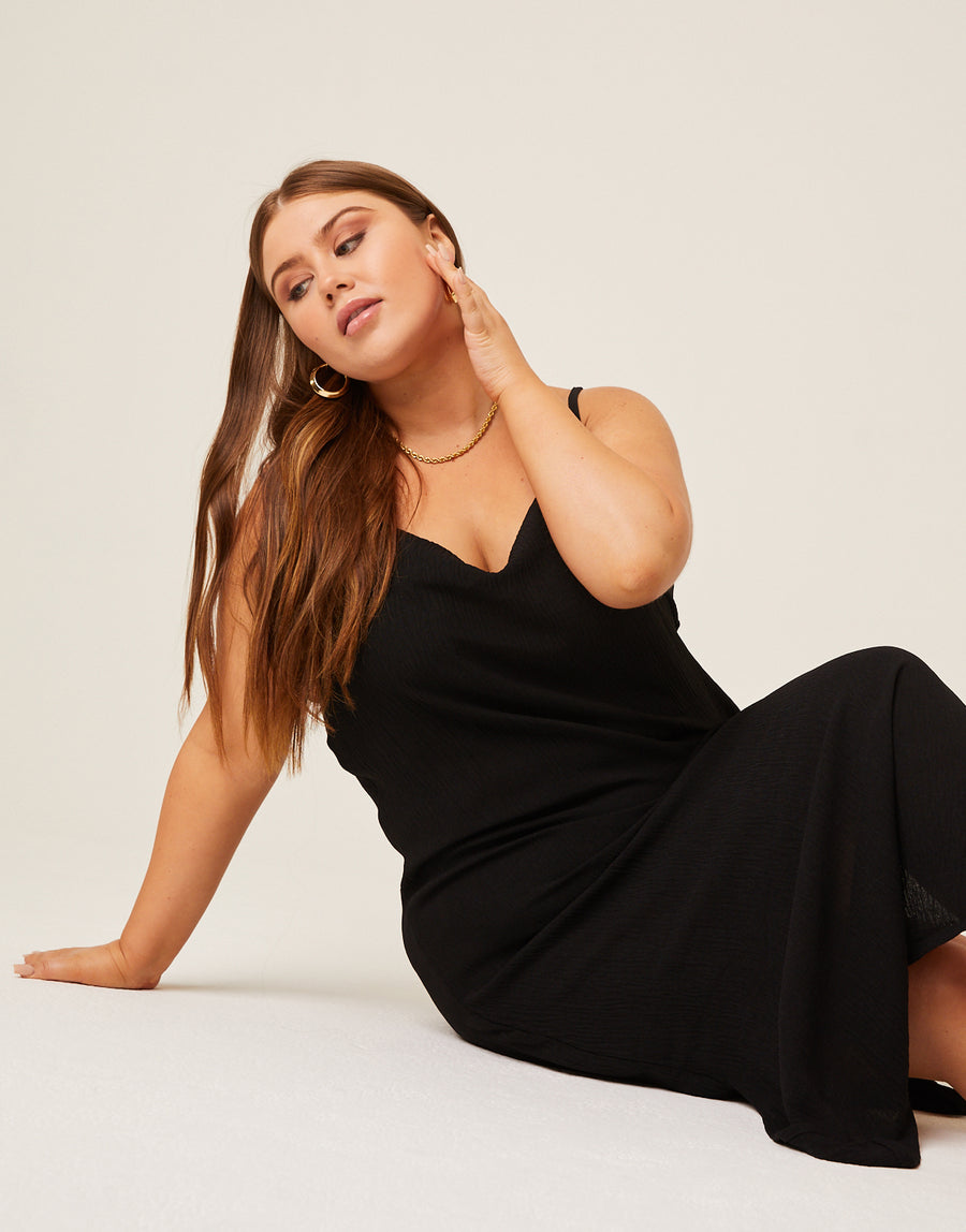 Curve Crinkle Woven Slip Dress Plus Size Dresses Black 1XL -2020AVE