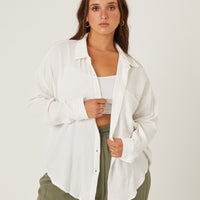 Curve Crinkled Button Up Shirt Plus Size Tops Off White 1XL -2020AVE
