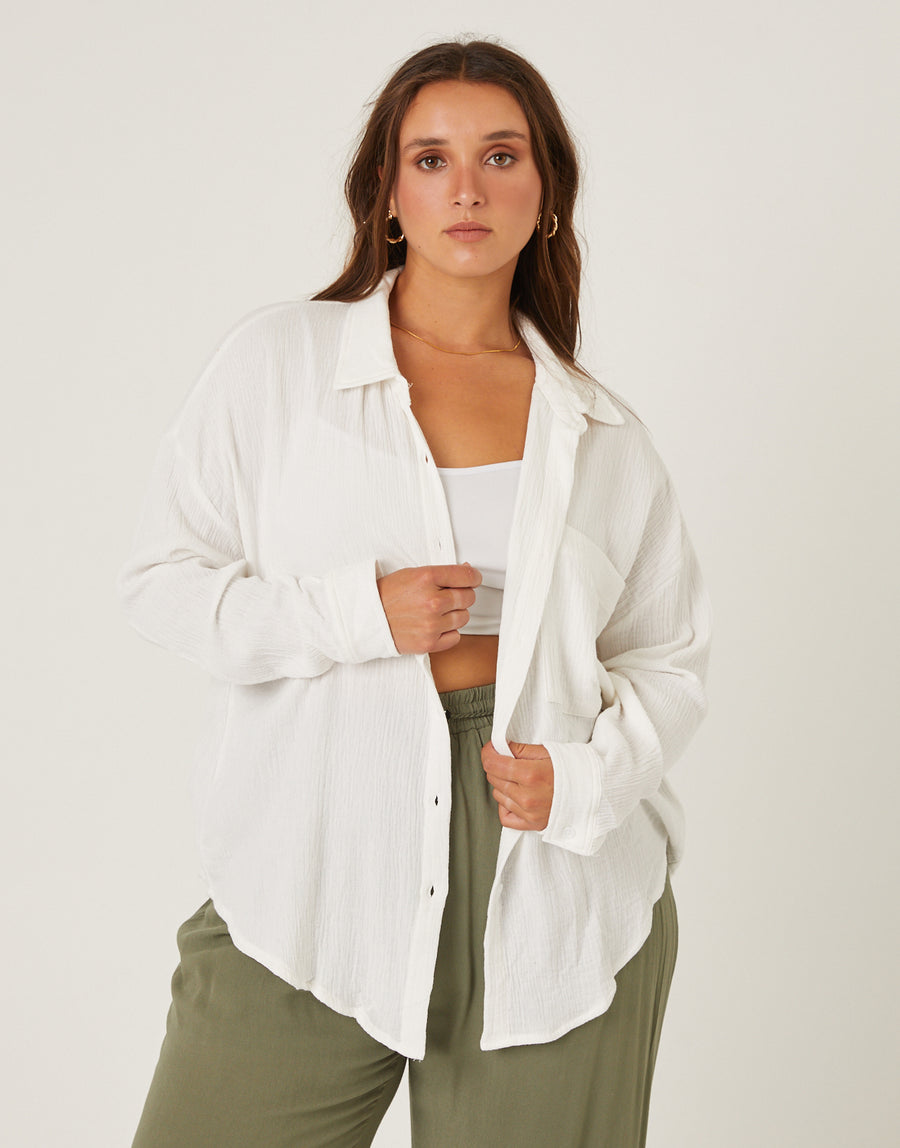 Curve Crinkled Button Up Shirt Plus Size Tops Off White 1XL -2020AVE
