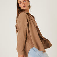 Curve Crinkled Button Up Shirt Plus Size Tops -2020AVE