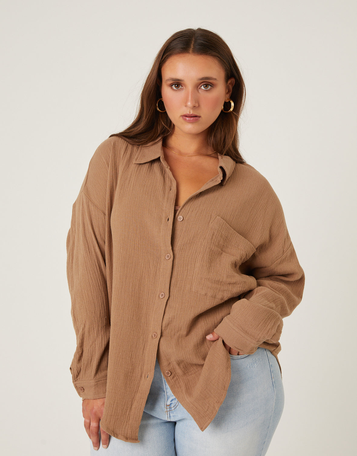 Cotton Crinkled Sleeveless Button-Up Shirt