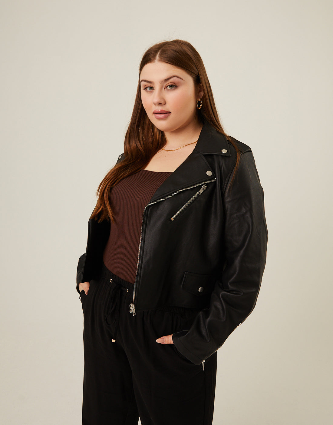 Curve Crop Leather Jacket Plus Size Outerwear -2020AVE