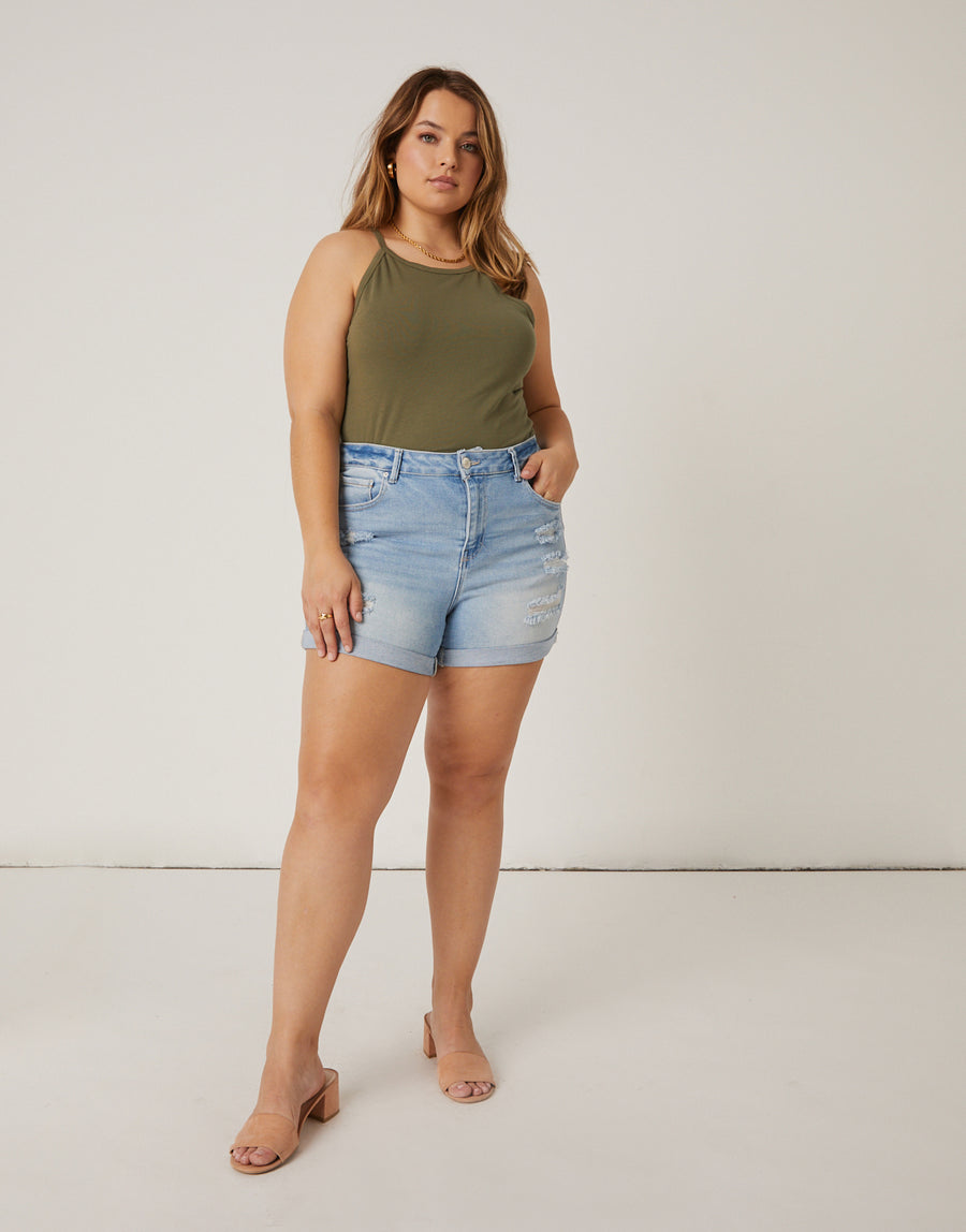 Curve Cuffed Ripped Shorts Plus Size Bottoms -2020AVE