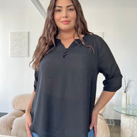 Curve Cuffed Sleeve Chiffon Blouse Plus Size Tops Black 1XL -2020AVE