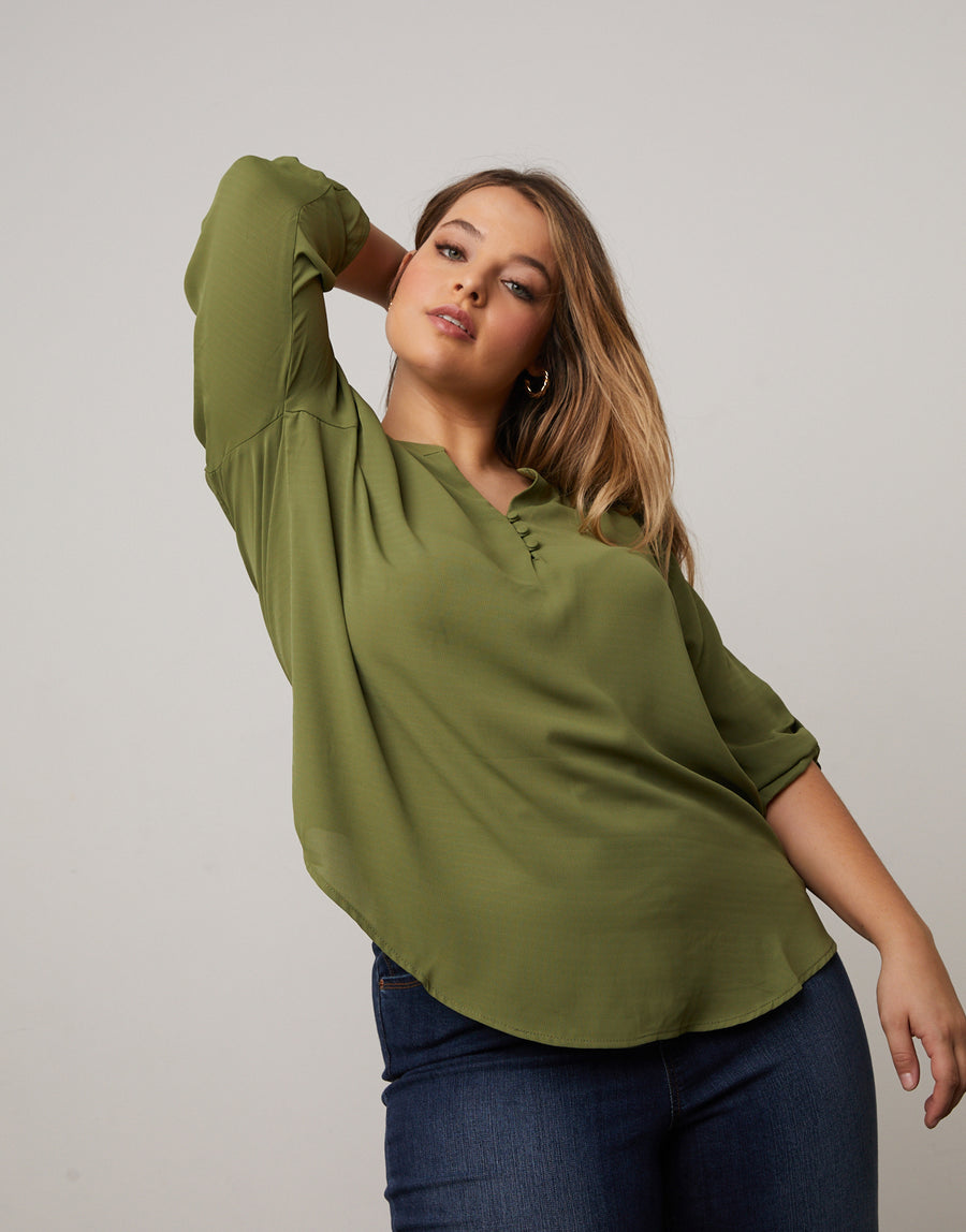 Curve Cuffed Sleeve Chiffon Blouse Plus Size Tops Olive 1XL -2020AVE