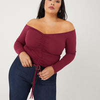 Curve Ruched Long Sleeve Top Plus Size Tops Burgundy 1XL -2020AVE