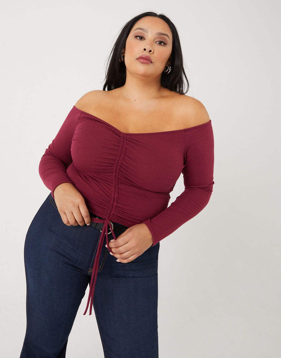 Curve Ruched Long Sleeve Top Plus Size Tops Burgundy 1XL -2020AVE
