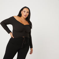 Curve Ruched Long Sleeve Top Plus Size Tops Black 1XL -2020AVE