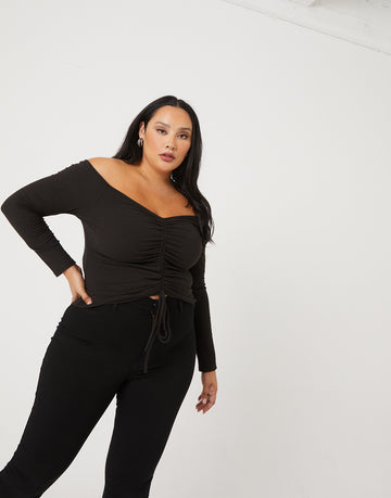 Curve Ruched Long Sleeve Top Plus Size Tops Black 1XL -2020AVE