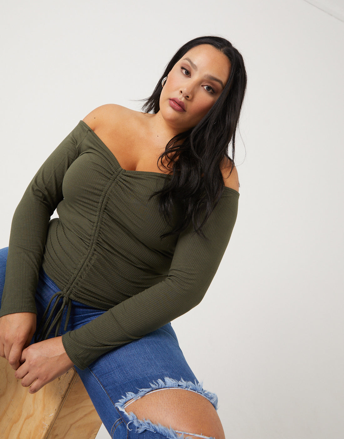 Curve Ruched Long Sleeve Top Plus Size Tops Olive 1XL -2020AVE