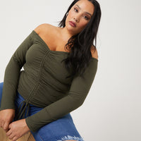 Curve Ruched Long Sleeve Top Plus Size Tops Olive 1XL -2020AVE