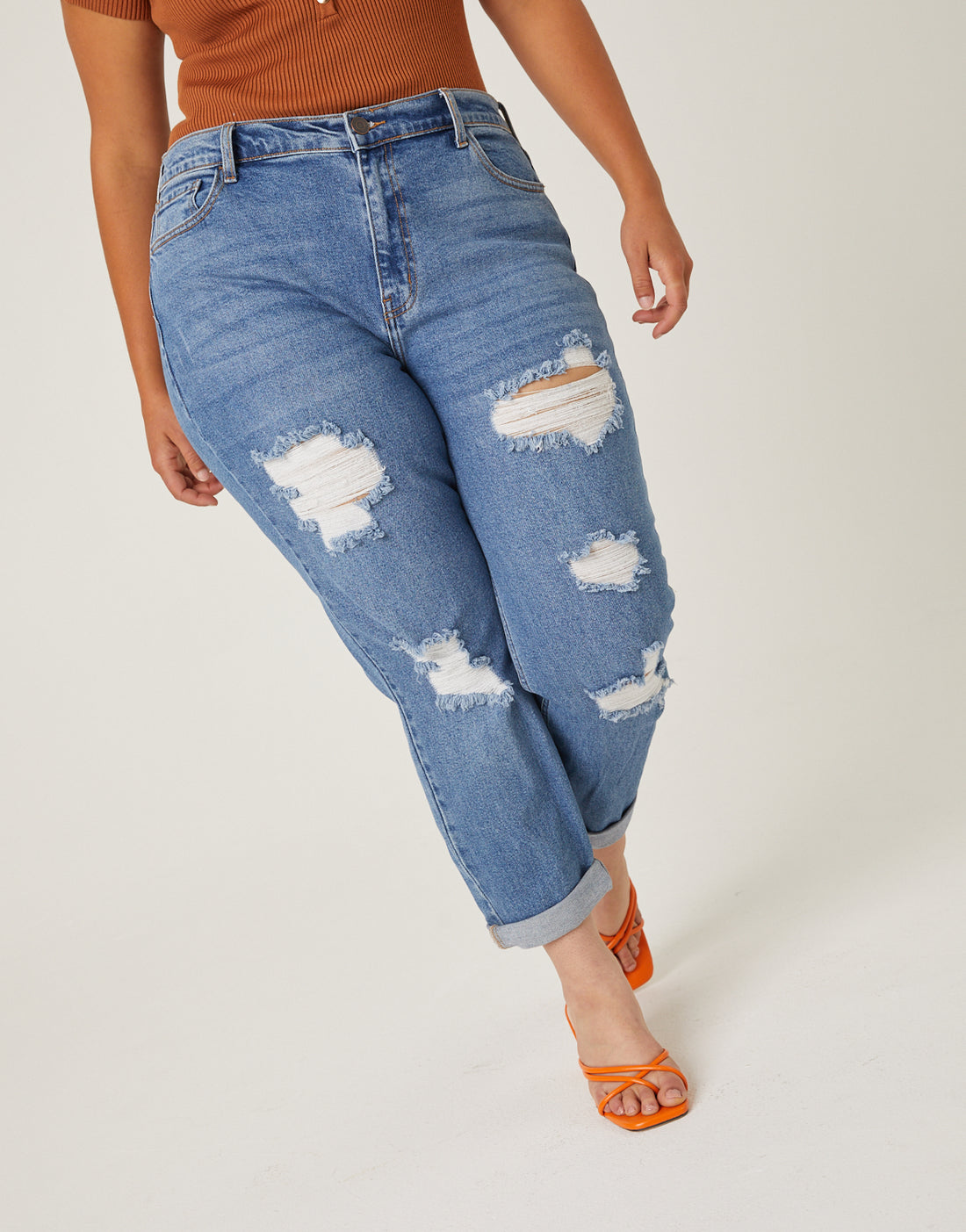 Curve Distressed Detail Mom Jeans Plus Size Bottoms -2020AVE