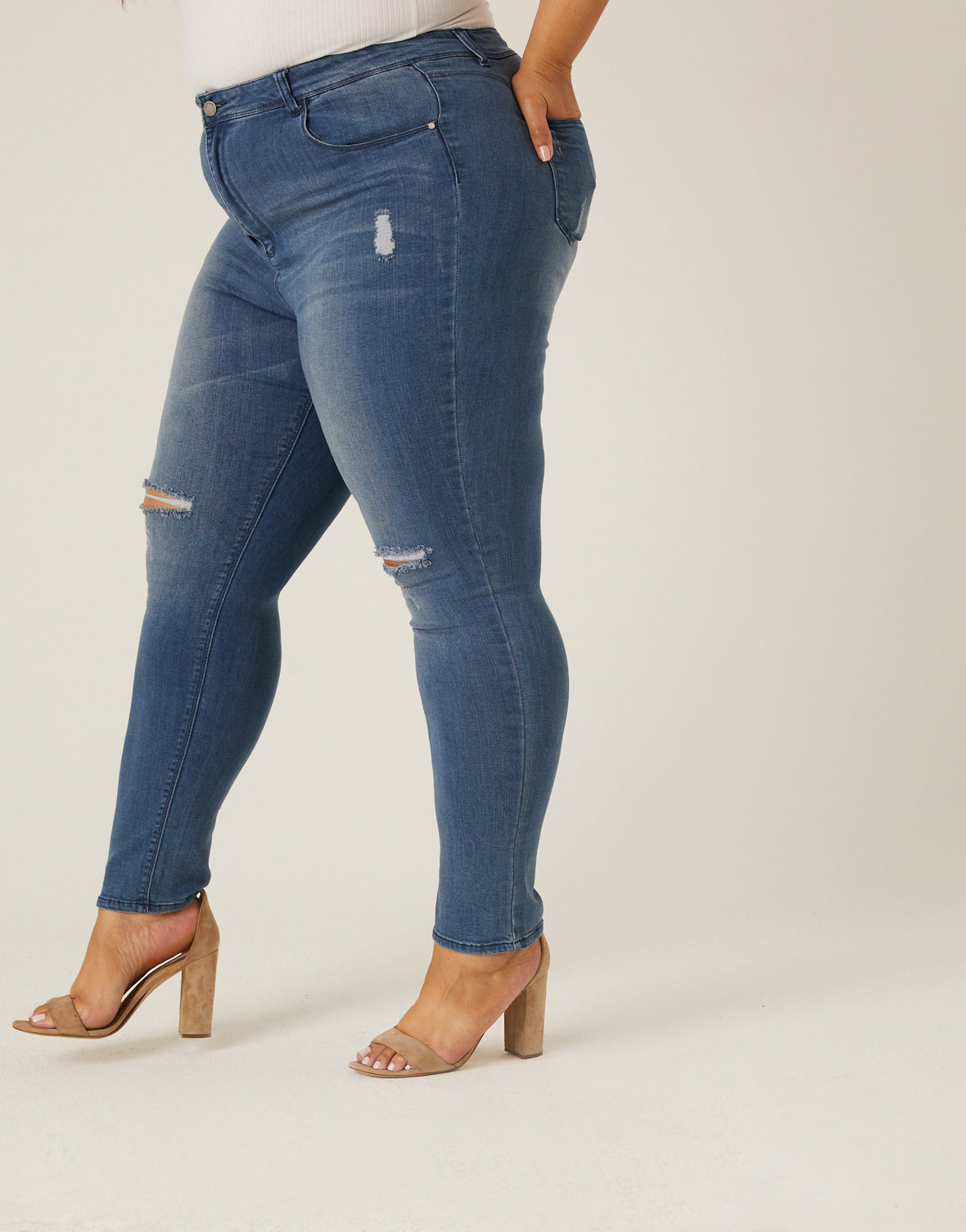 Plus Size Distressed Mid Rise Ankle Skinny Jeans
