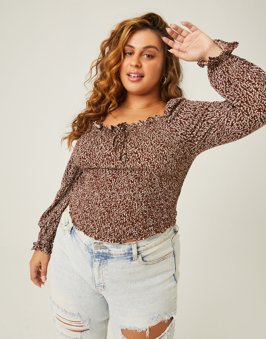 Curve Ditsty Floral Long Sleeve Top Plus Size Tops -2020AVE