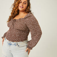 Curve Ditsty Floral Long Sleeve Top Plus Size Tops Brown 1XL -2020AVE