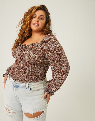 Curve Ditsty Floral Long Sleeve Top Plus Size Tops Brown 1XL -2020AVE