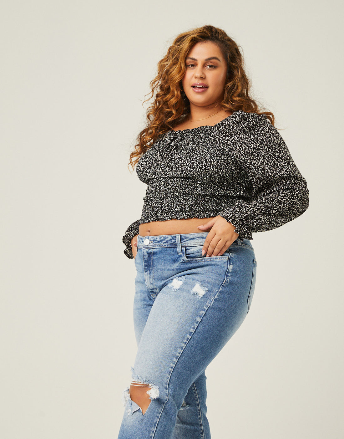 Curve Ditsty Floral Long Sleeve Top Plus Size Tops -2020AVE