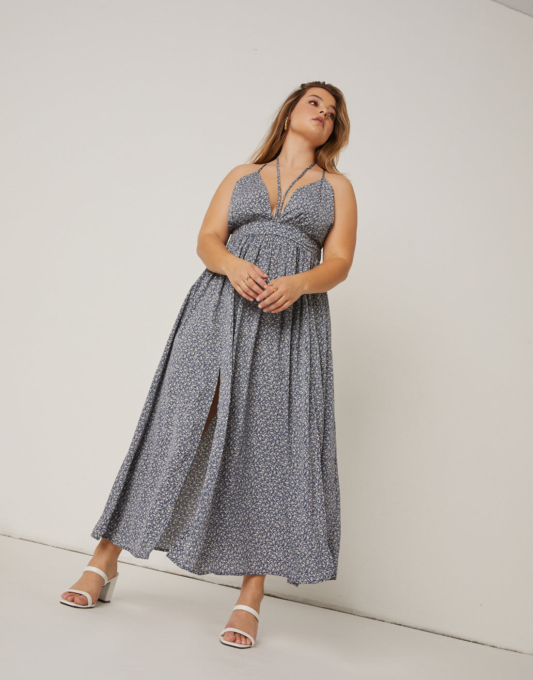 Curve Ditsy Double Slit Maxi Dress Plus Size Dresses -2020AVE