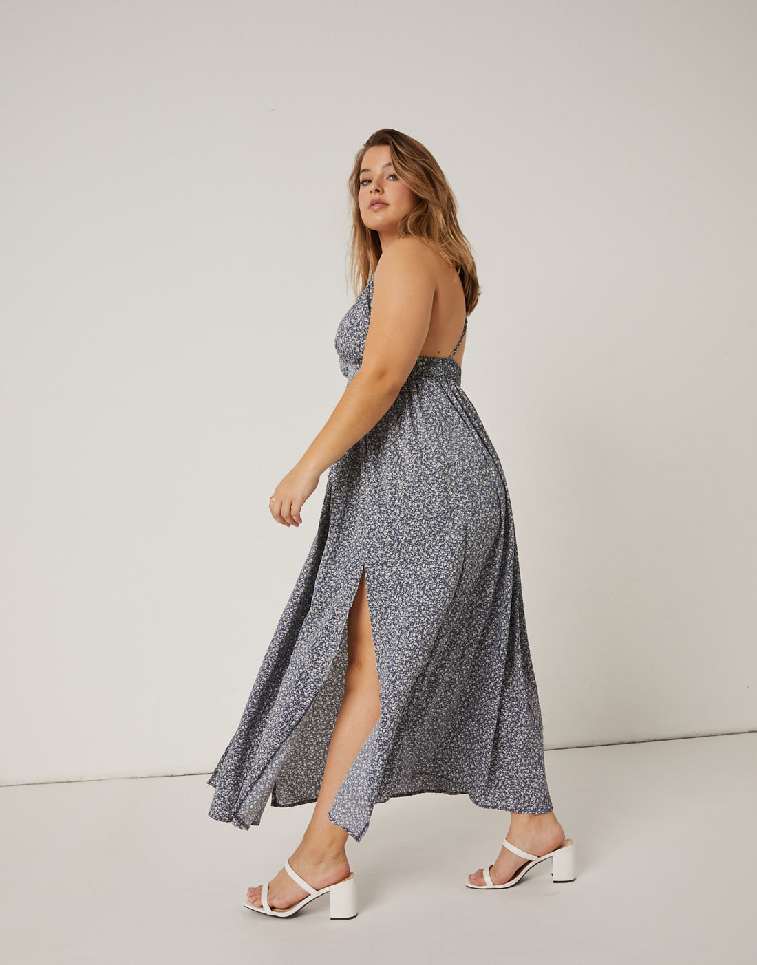 Curve Ditsy Double Slit Maxi Dress Plus Size Dresses -2020AVE