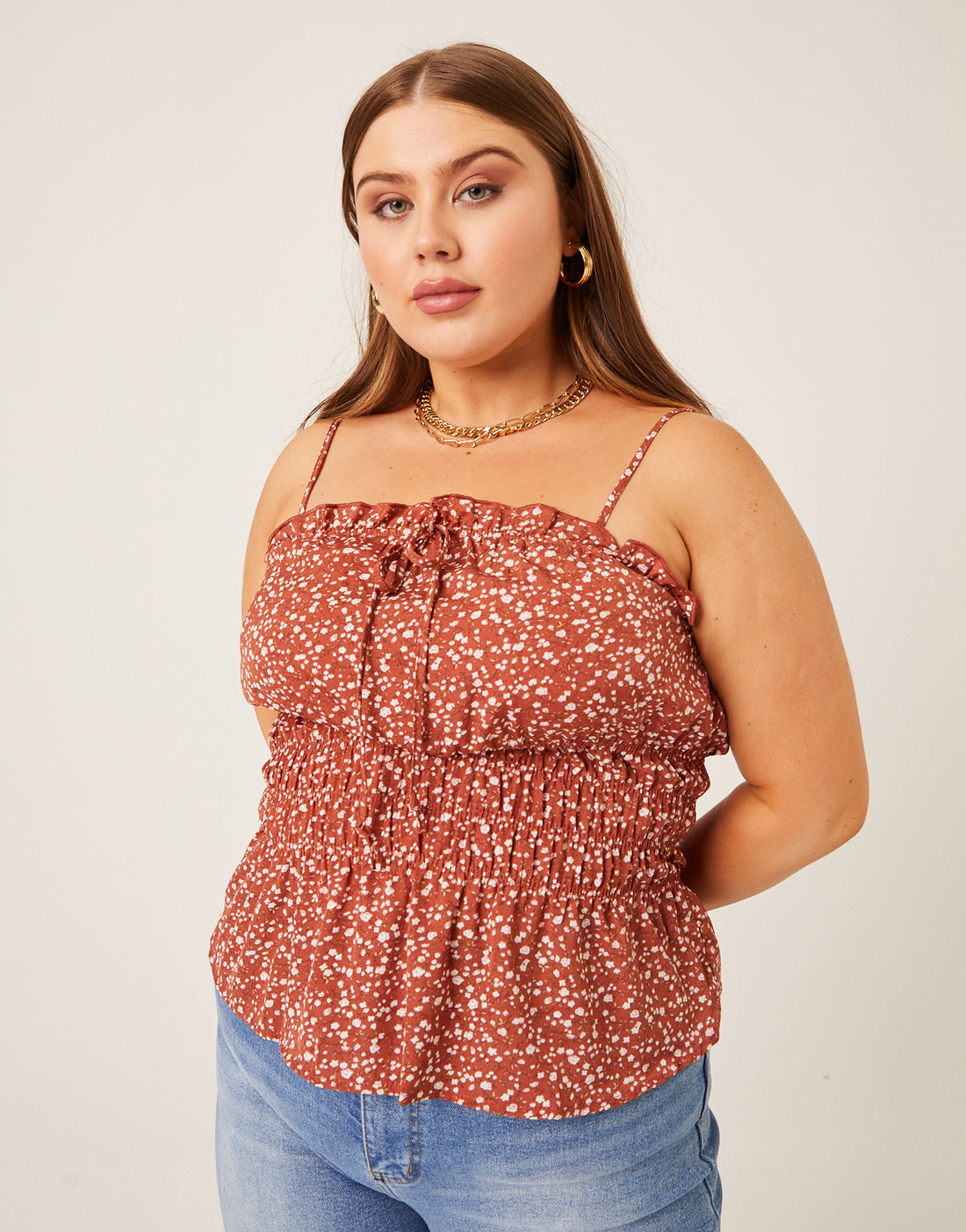 Curve Ditsy Floral Smocked Tank Plus Size Tops -2020AVE