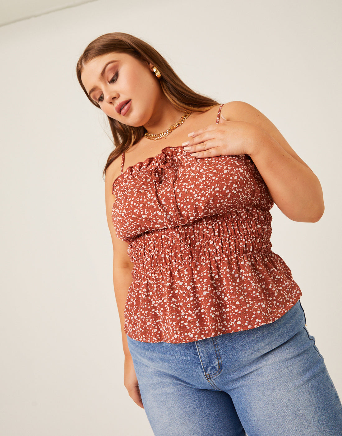 Curve Ditsy Floral Smocked Tank Plus Size Tops Rust 1XL -2020AVE