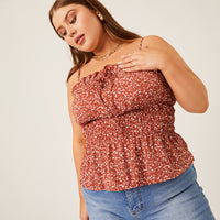 Curve Ditsy Floral Smocked Tank Plus Size Tops Rust 1XL -2020AVE
