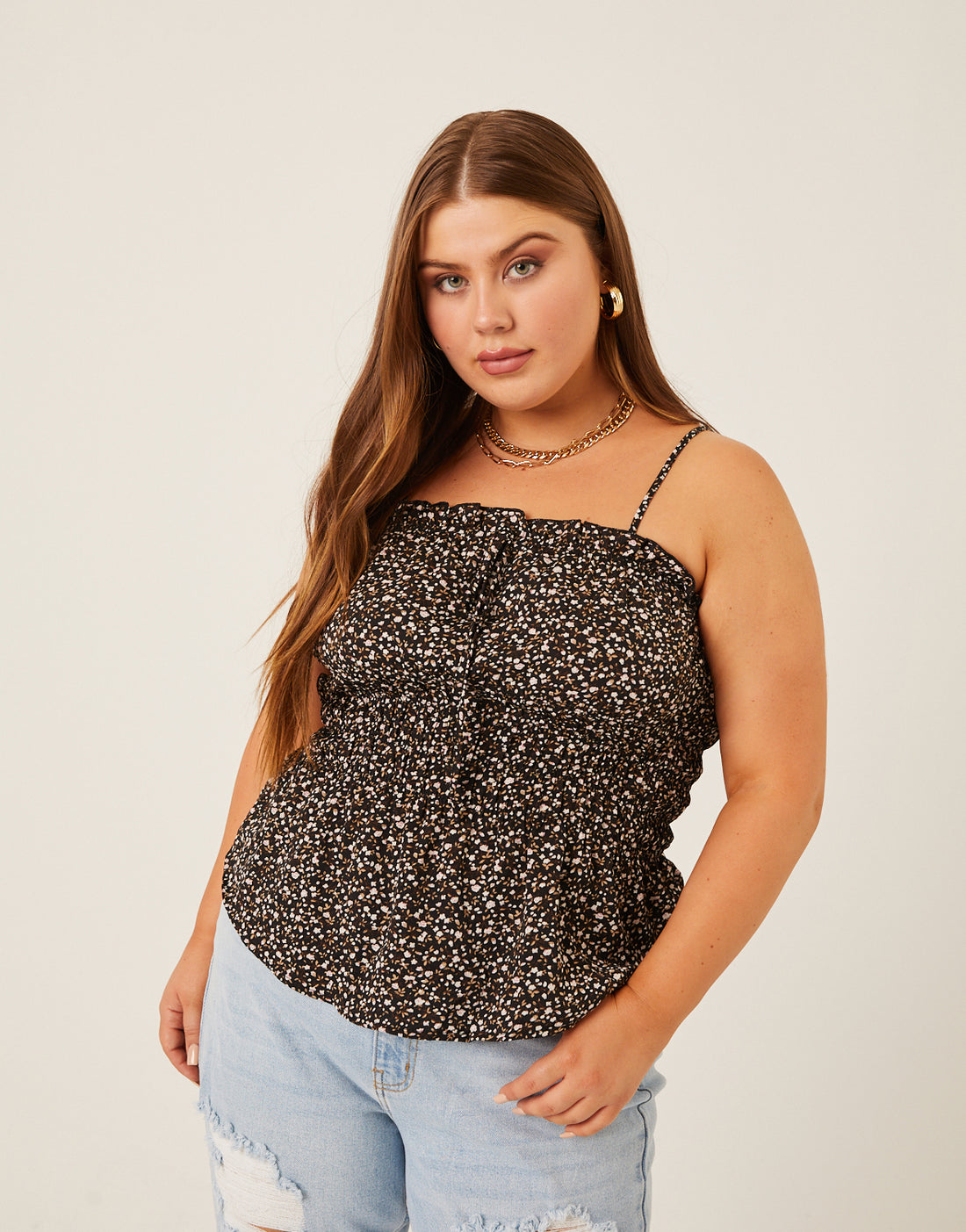 Curve Ditsy Floral Smocked Tank Plus Size Tops Black 1XL -2020AVE