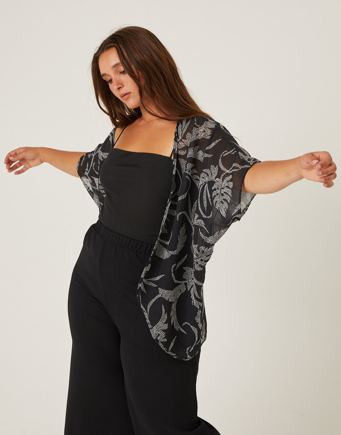 Curve Dotted Leaf Chiffon Cardigan Plus Size Outerwear -2020AVE
